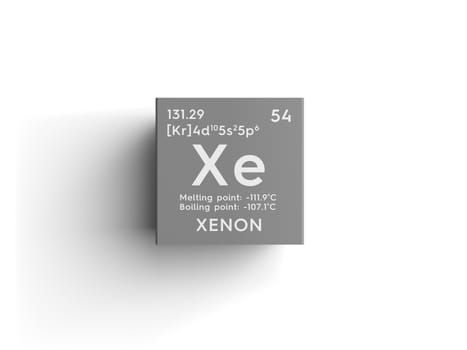 Xenon. Noble gases. Chemical Element of Mendeleev's Periodic Table. Xenon in square cube creative concept. 3D illustration.