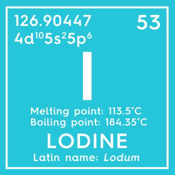 Lodine. Lodum. Halogens. Chemical Element of Mendeleev's Periodic Table. Lodine in square cube creative concept. 3D illustration.