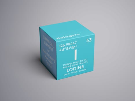 Lodine. Lodum. Halogens. Chemical Element of Mendeleev's Periodic Table. Lodine in square cube creative concept. 3D illustration.