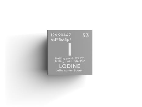 Lodine. Lodum. Halogens. Chemical Element of Mendeleev's Periodic Table. Lodine in square cube creative concept. 3D illustration.