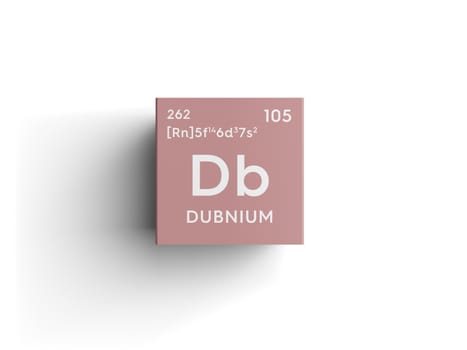 Dubnium. Transition metals. Chemical Element of Mendeleev's Periodic Table. Dubnium in square cube creative concept. 3D illustration.