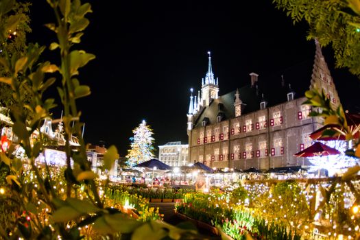 NAGASAKI, JAPAN - April 29, 2019 : Huis Ten Bosch is a theme park in Nagasaki, Japan, which displays old Dutch buildings and colorful lights show at night.