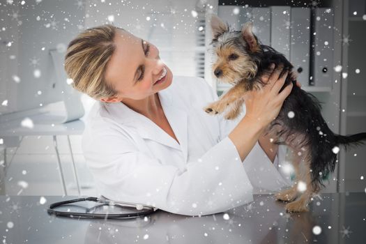 Composite image of veterinarian examining dog against snow falling