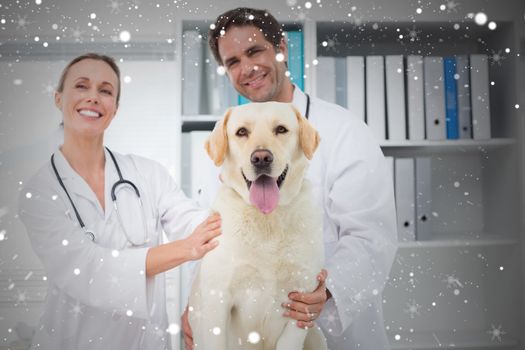 Composite image of happy veterinarians with dog against snow