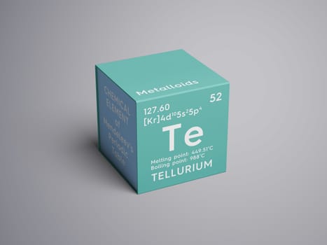 Tellurium. Metalloids. Chemical Element of Mendeleev's Periodic Table. Tellurium in square cube creative concept. 3D illustration.