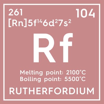 Rutherfordium. Transition metals. Chemical Element of Mendeleev's Periodic Table. Rutherfordium in square cube creative concept. 3D illustration.