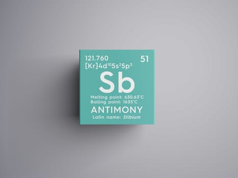 Antimony. Stibium. Metalloids. Chemical Element of Mendeleev's Periodic Table. Antimony in square cube creative concept. 3D illustration.