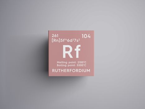 Rutherfordium. Transition metals. Chemical Element of Mendeleev's Periodic Table. Rutherfordium in square cube creative concept. 3D illustration.