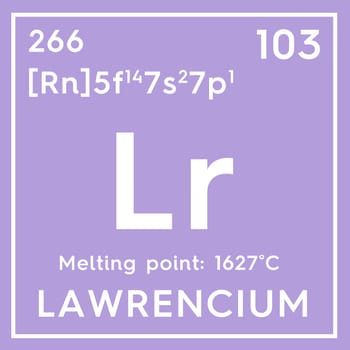 Lawrencium. Actinoids. Chemical Element of Mendeleev's Periodic Table. Lawrencium in square cube creative concept. 3D illustration.