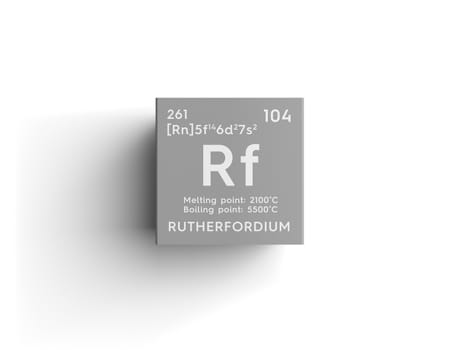 Rutherfordium. Transition metals. Chemical Element of Mendeleev's Periodic Table. Rutherfordium in square cube creative concept. 3D illustration.