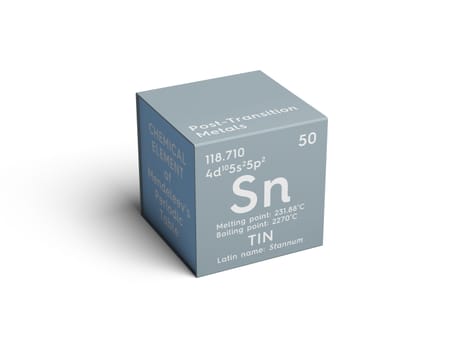 Tin. Stunnam. Post-transition metals. Chemical Element of Mendeleev's Periodic Table. Tin in square cube creative concept. 3D illustration.