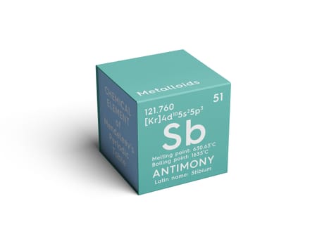 Antimony. Stibium. Metalloids. Chemical Element of Mendeleev's Periodic Table. Antimony in square cube creative concept. 3D illustration.