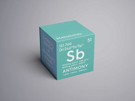 Antimony. Stibium. Metalloids. Chemical Element of Mendeleev's Periodic Table. Antimony in square cube creative concept. 3D illustration.