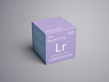 Lawrencium. Actinoids. Chemical Element of Mendeleev's Periodic Table. Lawrencium in square cube creative concept. 3D illustration.