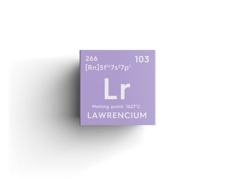 Lawrencium. Actinoids. Chemical Element of Mendeleev's Periodic Table. Lawrencium in square cube creative concept. 3D illustration.