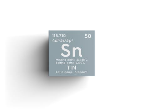 Tin. Stunnam. Post-transition metals. Chemical Element of Mendeleev's Periodic Table. Tin in square cube creative concept. 3D illustration.