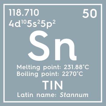 Tin. Stunnam. Post-transition metals. Chemical Element of Mendeleev's Periodic Table. Tin in square cube creative concept. 3D illustration.