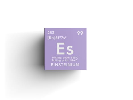 Einsteinium. Actinoids. Chemical Element of Mendeleev's Periodic Table. Einsteinium in square cube creative concept. 3D illustration.