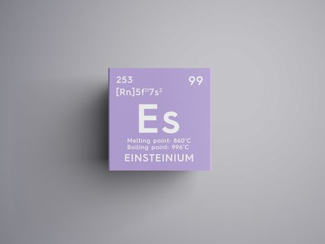 Einsteinium. Actinoids. Chemical Element of Mendeleev's Periodic Table. Einsteinium in square cube creative concept. 3D illustration.