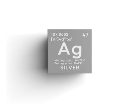 Silver. Transition metals. Chemical Element of Mendeleev's Periodic Table. Silver in square cube creative concept. 3D illustration.