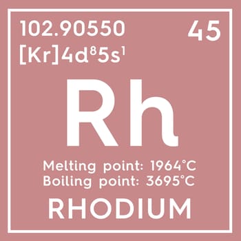 Rhodium. Transition metals. Chemical Element of Mendeleev's Periodic Table. Rhodium in square cube creative concept. 3D illustration.