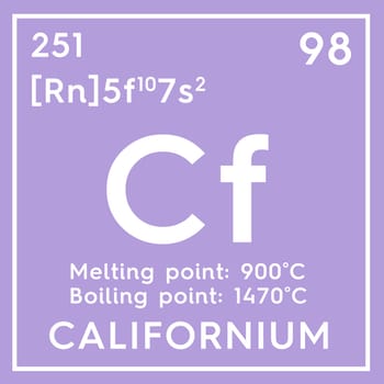 Californium. Actinoids. Chemical Element of Mendeleev's Periodic Table. Californium in square cube creative concept. 3D illustration.