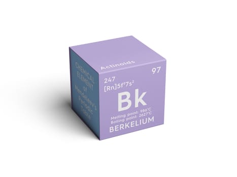 Berkelium. Actinoids. Chemical Element of Mendeleev's Periodic Table. Berkelium in square cube creative concept. 3D illustration.