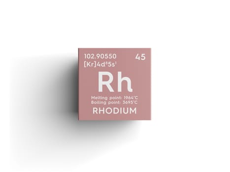 Rhodium. Transition metals. Chemical Element of Mendeleev's Periodic Table. Rhodium in square cube creative concept. 3D illustration.