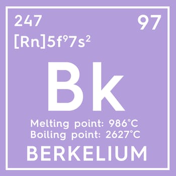 Berkelium. Actinoids. Chemical Element of Mendeleev's Periodic Table. Berkelium in square cube creative concept. 3D illustration.