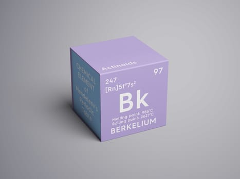 Berkelium. Actinoids. Chemical Element of Mendeleev's Periodic Table. Berkelium in square cube creative concept. 3D illustration.