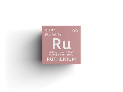 Ruthenium. Transition metals. Chemical Element of Mendeleev's Periodic Table. Ruthenium in square cube creative concept. 3D illustration.