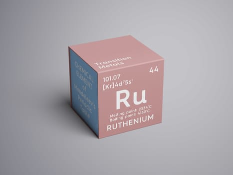 Ruthenium. Transition metals. Chemical Element of Mendeleev's Periodic Table. Ruthenium in square cube creative concept.Ruthenium. Transition metals. Chemical Element of Mendeleev's Periodic Table. Ruthenium in square cube creative concept. 3D illustration.