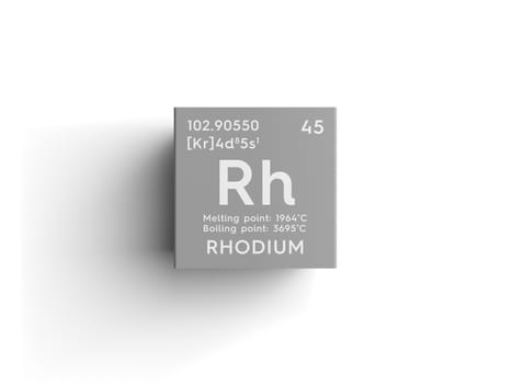 Rhodium. Transition metals. Chemical Element of Mendeleev's Periodic Table. Rhodium in square cube creative concept. 3D illustration.