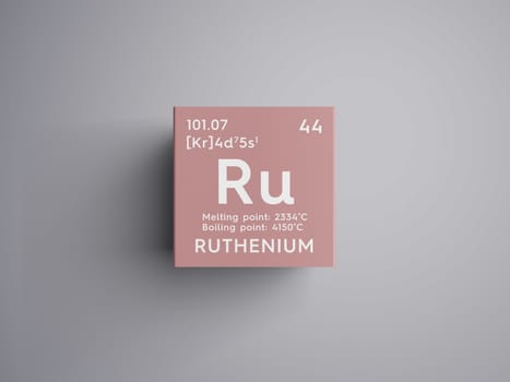 Ruthenium. Transition metals. Chemical Element of Mendeleev's Periodic Table. Ruthenium in square cube creative concept. 3D illustration.