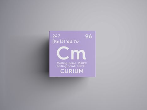 Curium. Actinoids. Chemical Element of Mendeleev's Periodic Table. Curium in square cube creative concept. 3D illustration.