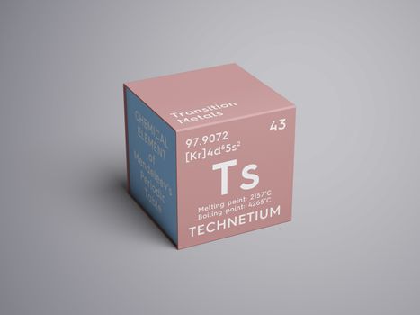 Technetium. Transition metals. Chemical Element of Mendeleev's Periodic Table. Technetium in square cube creative concept. 3D illustration.