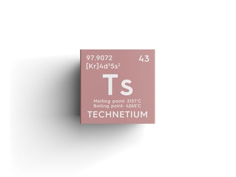 Technetium. Transition metals. Chemical Element of Mendeleev's Periodic Table. Technetium in square cube creative concept. 3D illustration.