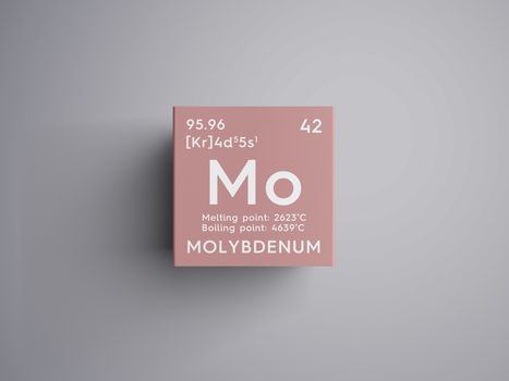 Molybdenum. Transition metals. Chemical Element of Mendeleev's Periodic Table. Molybdenum in square cube creative concept. 3D illustration.