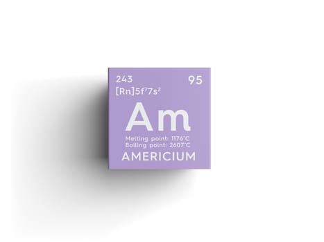 Americium. Actinoids. Chemical Element of Mendeleev's Periodic Table. Americium in square cube creative concept. 3D illustration.
