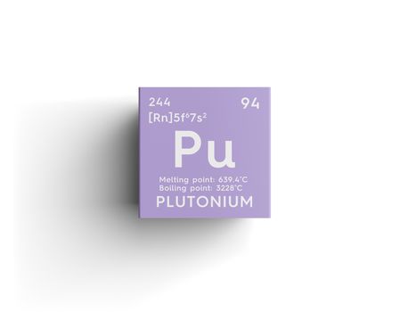 Plutonium. Actinoids. Chemical Element of Mendeleev's Periodic Table. Plutonium in square cube creative concept. 3D illustration.