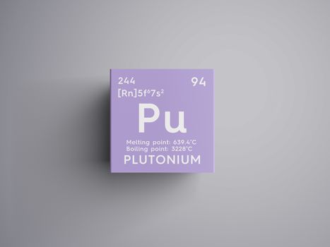 Plutonium. Actinoids. Chemical Element of Mendeleev's Periodic Table. Plutonium in square cube creative concept. 3D illustration.