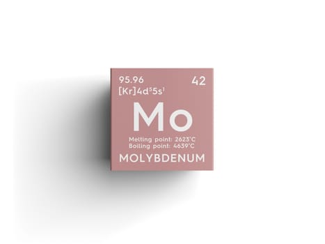 Molybdenum. Transition metals. Chemical Element of Mendeleev's Periodic Table. Molybdenum in square cube creative concept. 3D illustration.