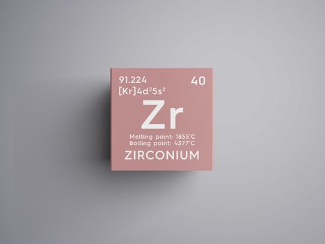 Zirconium. Transition metals. Chemical Element of Mendeleev's Periodic Table. Zirconium in square cube creative concept. 3D illustration.