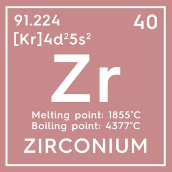 Zirconium. Transition metals. Chemical Element of Mendeleev's Periodic Table. Zirconium in square cube creative concept. 3D illustration.