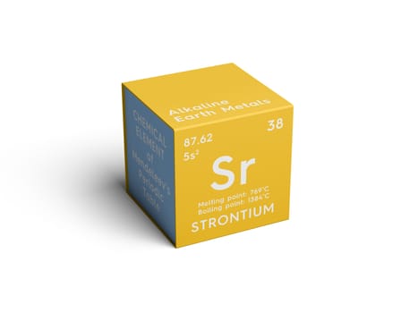 Strontium. Alkaline earth metals. Chemical Element of Mendeleev's Periodic Table. Strontium in square cube creative concept. 3D illustration.