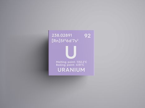 Uranium. Actinoids. Chemical Element of Mendeleev's Periodic Table. Uranium in square cube creative concept. 3D illustration.