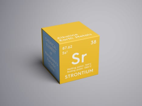 Strontium. Alkaline earth metals. Chemical Element of Mendeleev's Periodic Table. Strontium in square cube creative concept. 3D illustration.