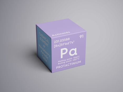 Protactinium. Actinoids. Chemical Element of Mendeleev's Periodic Table. Protactinium in square cube creative concept. 3D illustration.