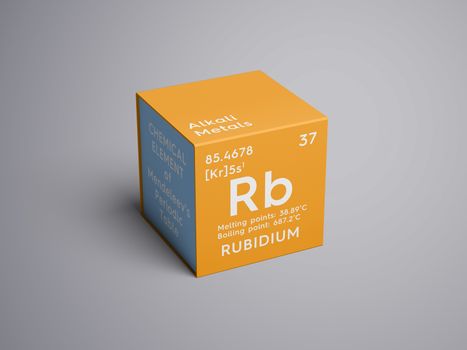 Rubidium. Alkali metals. Chemical Element of Mendeleev's Periodic Table. Rubidium in square cube creative concept. 3D illustration.