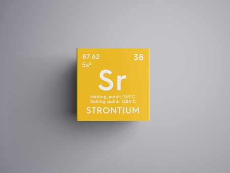 Strontium. Alkaline earth metals. Chemical Element of Mendeleev's Periodic Table. Strontium in square cube creative concept. 3D illustration.